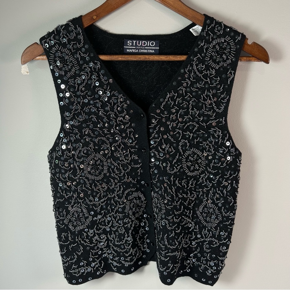 Art To Wear Vintage Knit Beaded Sequin Embellished Black Vest Women's Size PS